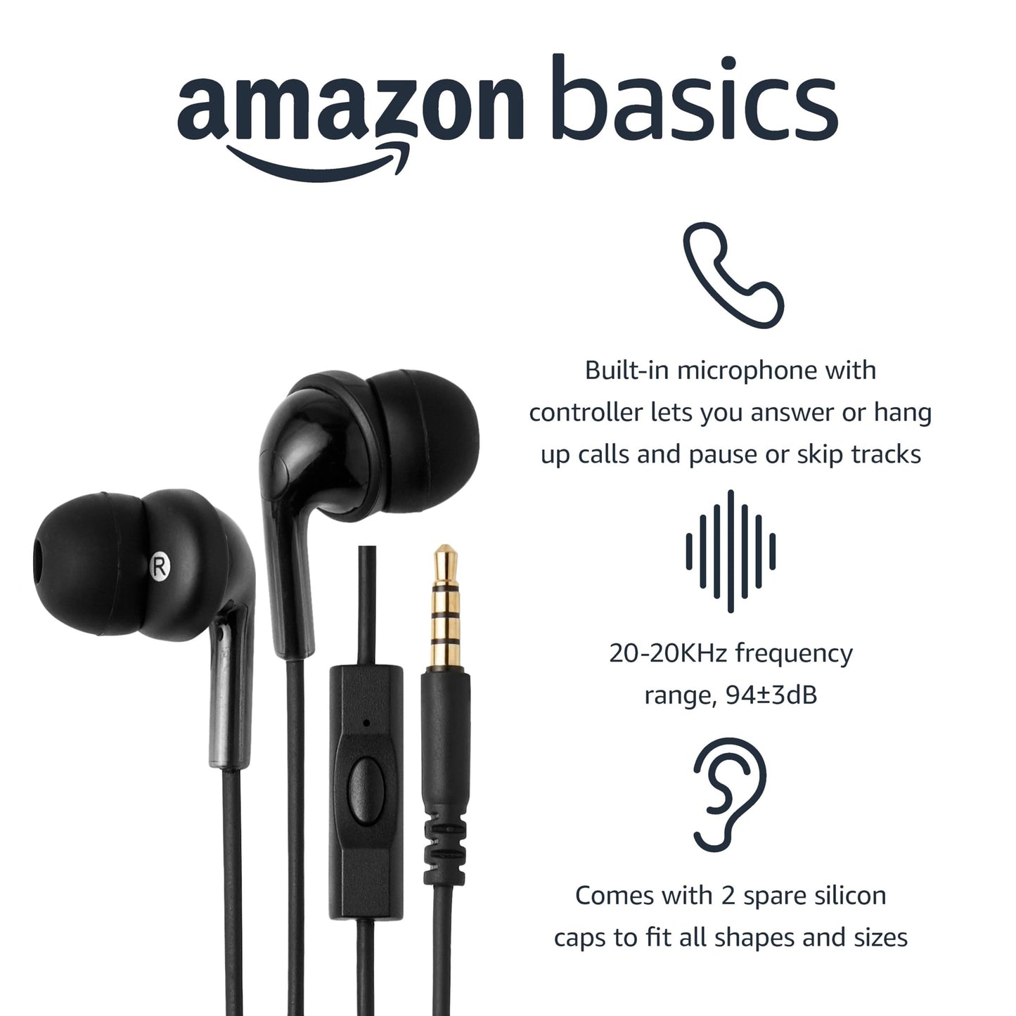 Amazon Basics Wired Earbuds with Microphone, In-Ear Headphones, 3.5mm Jack, High Definition Sound, Secure Fit, 4.2 ft Cable, S/M/L Ear Tips, Black
