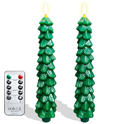 Tecobo 9.5Inches Real Wax Flameless Christmas Tree Taper Candles with Remote Timer, 2Pcs Battery Operated Taper Candles with 3D Wick Warm White