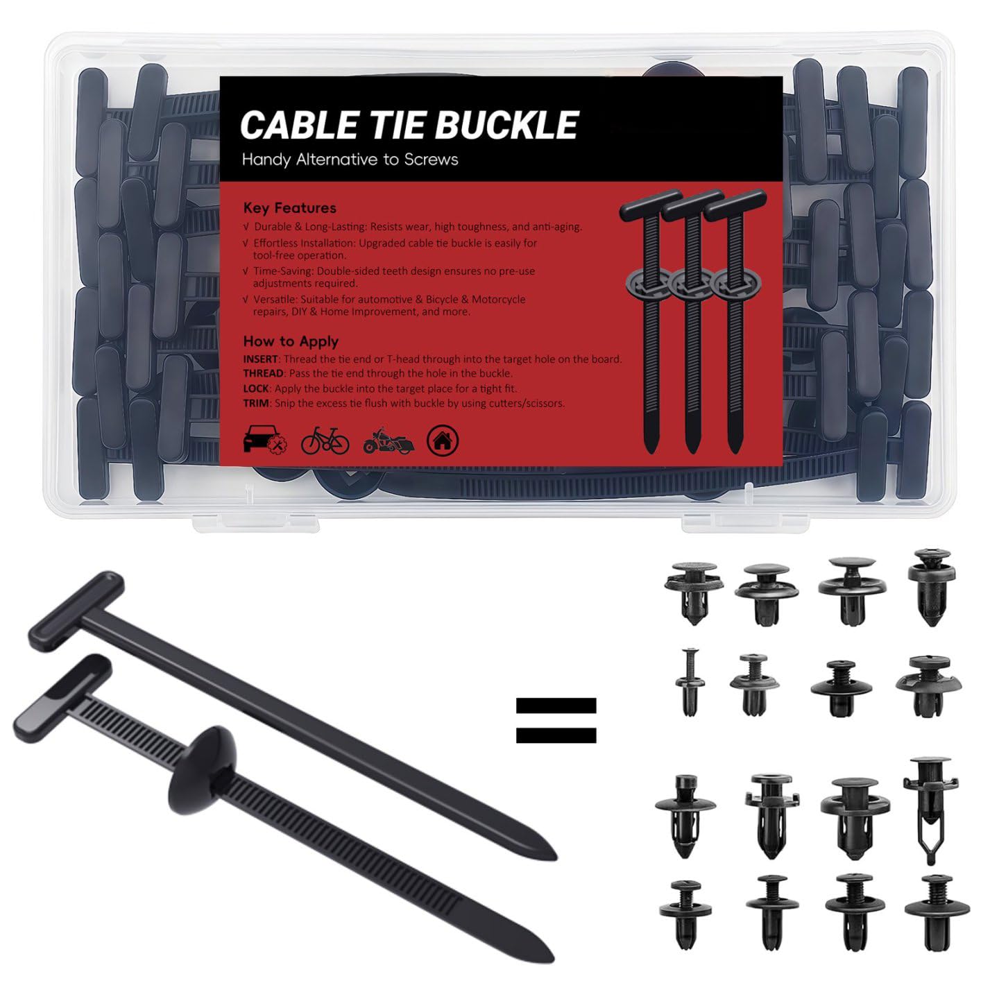 30PCS Nylon Universal Cable Tie Buckles, Multi-functional T Rivet Zip Ties - Automotive Zipper Clips with Pin & Button Design for Car Daily Repair