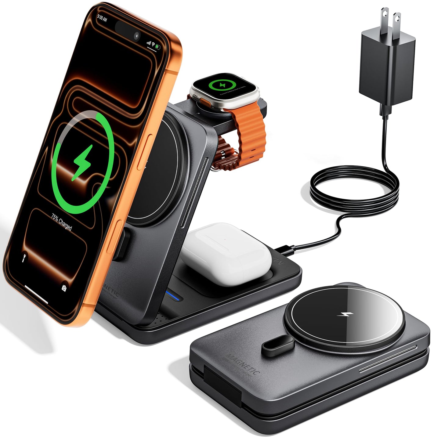 KPON Travel Charger for iPhone and Apple Watch, Magnetic Wireless Phone Charger 3 in 1, Compatible with iPhone 14/13/12, Apple Watch 7/6/5/4/3/2/SE
