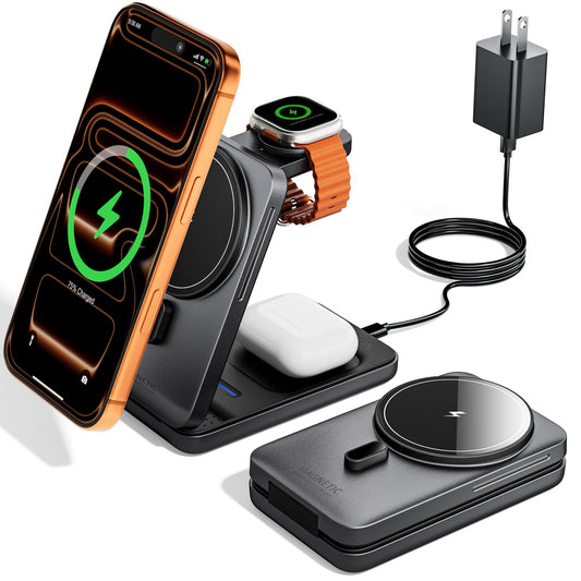 KPON Travel Charger for iPhone and Apple Watch, Magnetic Wireless Phone Charger 3 in 1, Compatible with iPhone 14/13/12, Apple Watch 7/6/5/4/3/2/SE
