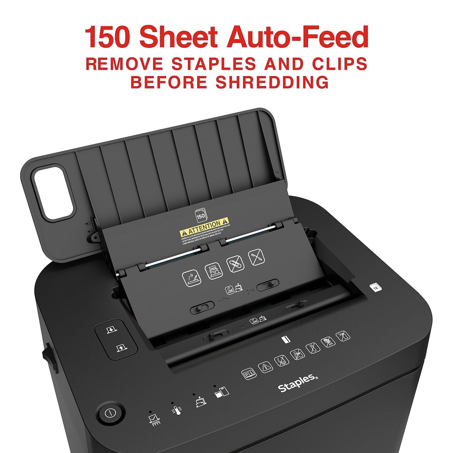 Staples 150-Sheet Micro-Cut Paper Shredder, Autofeed, Anti-Jam, 7.4-Gallon Pull-Out Bin, Black, for Home & Office, Black