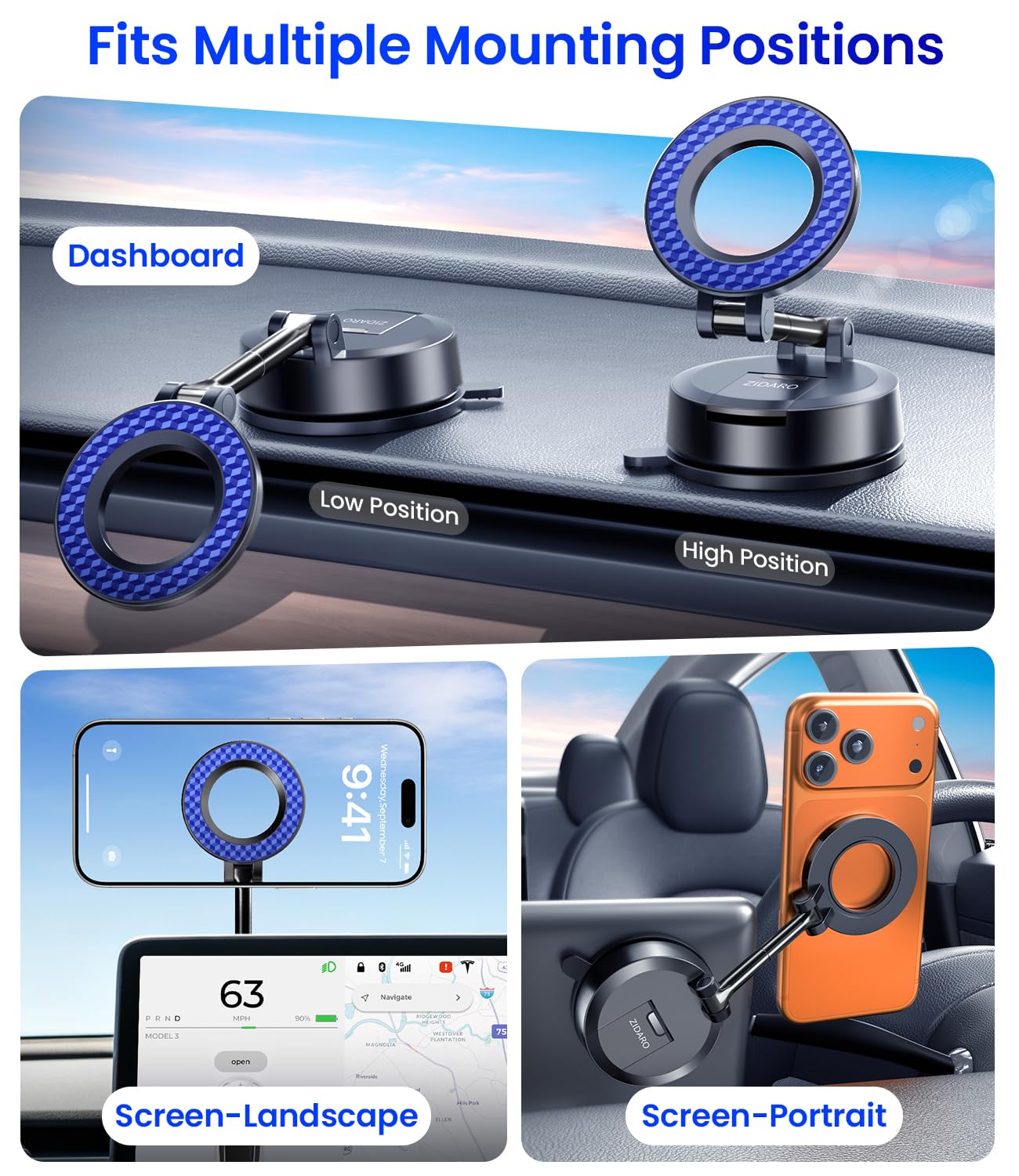 ZIDARO for MagSafe Car Phone Holder for Tesla Model 3/Y, Extended-Reach Arm Magnetic Mount for iPhone 17/16/15/14/13/12, 80+LBS Vacuum Suction Cup