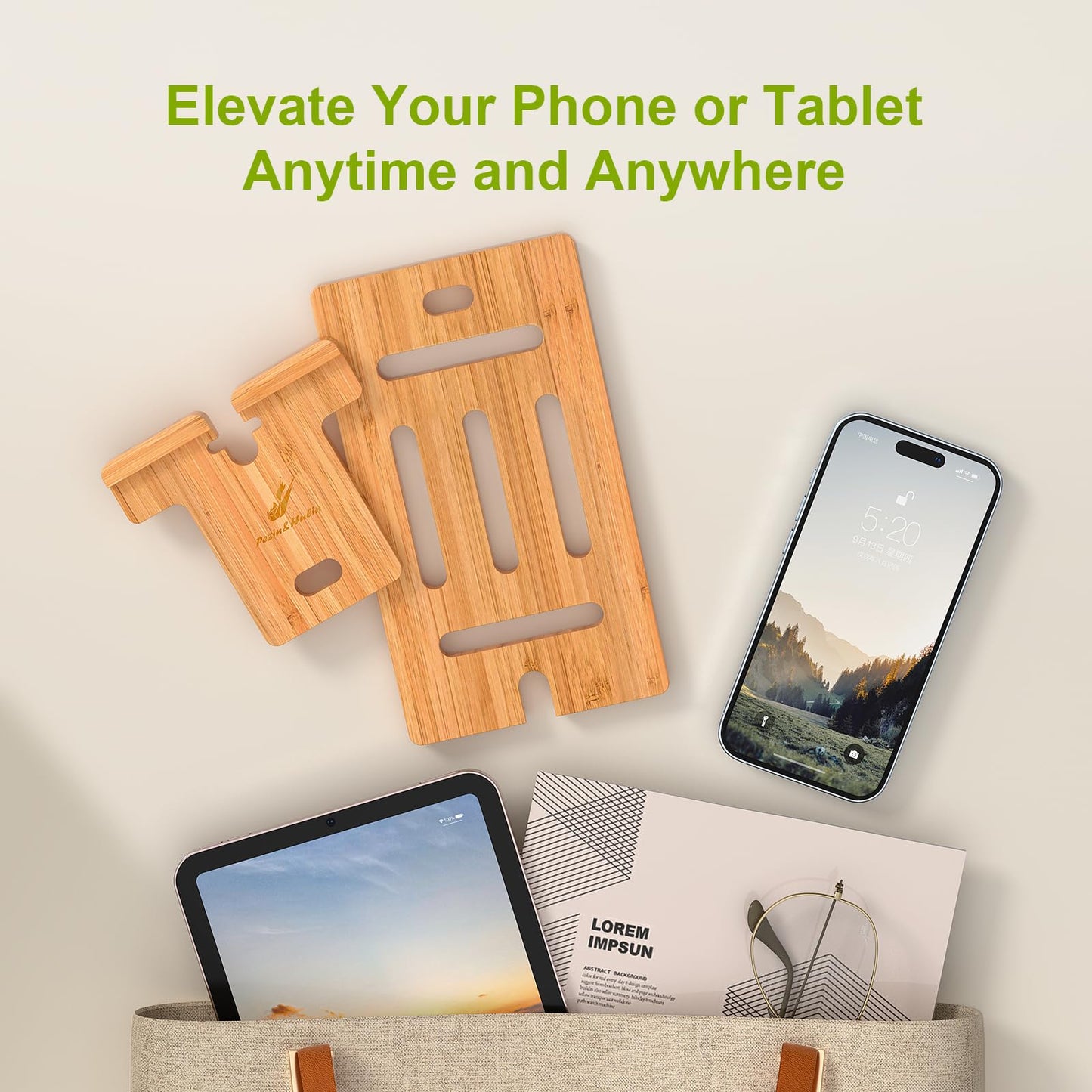 Pezin & Hulin Cell Phone Tablet Stand, Bamboo Wooden Smart Phone Desktop Charging Dock Holder Compatible with Pad, 8 Plus X XS Max XR, All Android