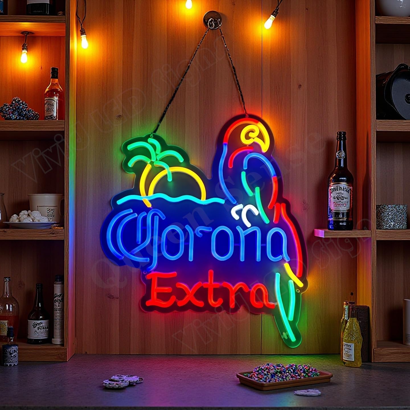 Queen Sense 16"x14" Coronas Extra Parrot LED Neon Sign for Wall Decor USB Powered Dimmable LED Lights Signs Man Cave Bar Pub Beer Art Gift BH700
