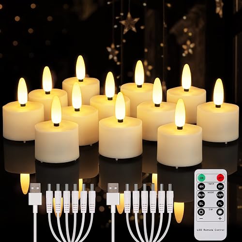 FREEPOWER Rechargeable Flameless Tea Lights Candles Flickering with Remote Timer, Black Wick Battery Operate LED Tealights for Home Decor, Party