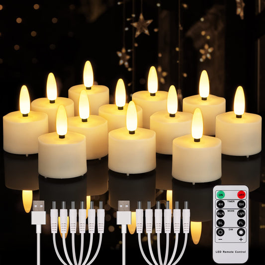 FREEPOWER Rechargeable Flameless Tea Lights Candles Flickering with Remote Timer, Black Wick Battery Operate LED Tealights for Home Decor, Party