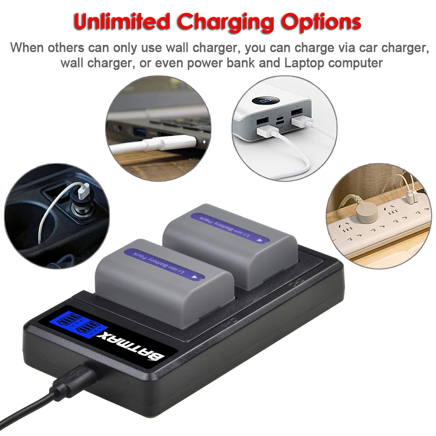 Batmax 2 Pack 1250mAh NP-FP50 Battery + USB LCD Dual Charger for Sony NP-FP30 NP-FP60 NP-FP70 NP-FP71 Battery and Sony DCR-DVD103 DVD105 DVD202E