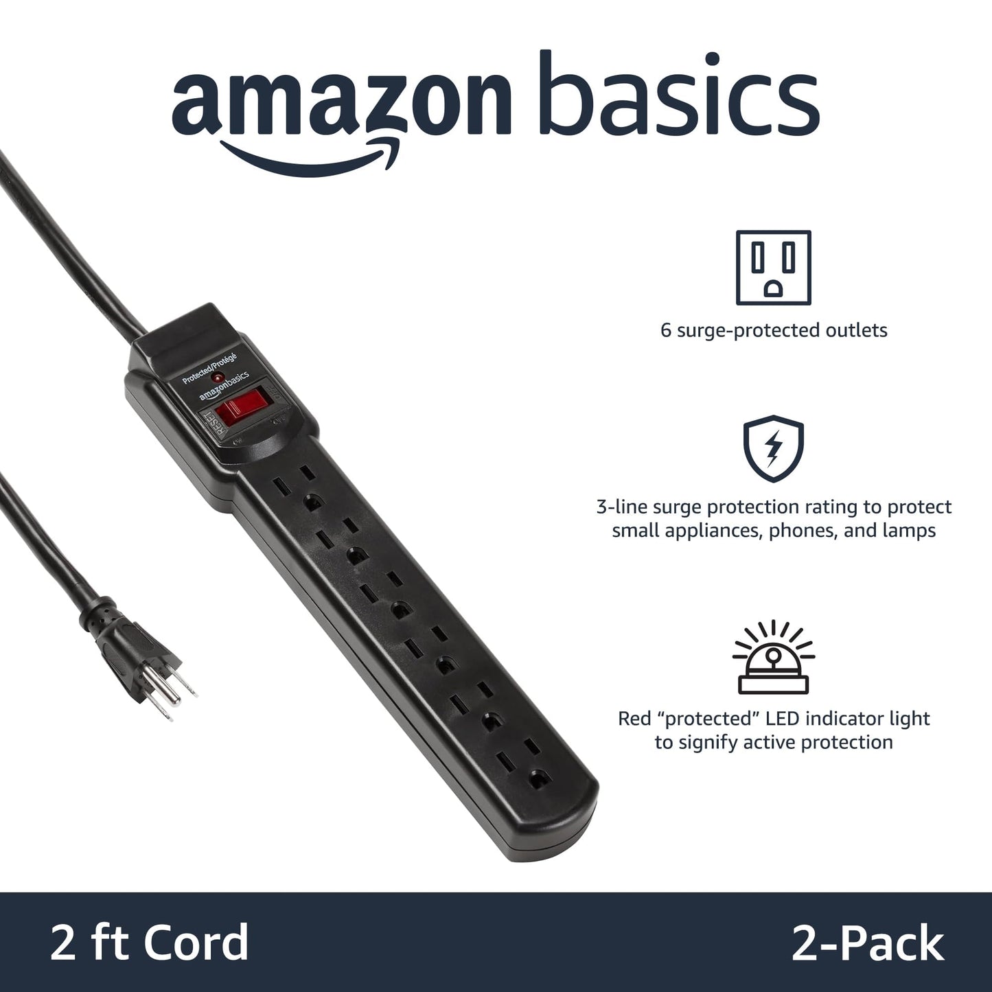 Amazon Basics 6-Outlet Surge Protector Power Strip with 200J Protection, Circuit Breaker, 2ft Extension Cord, Black, 2-Pack