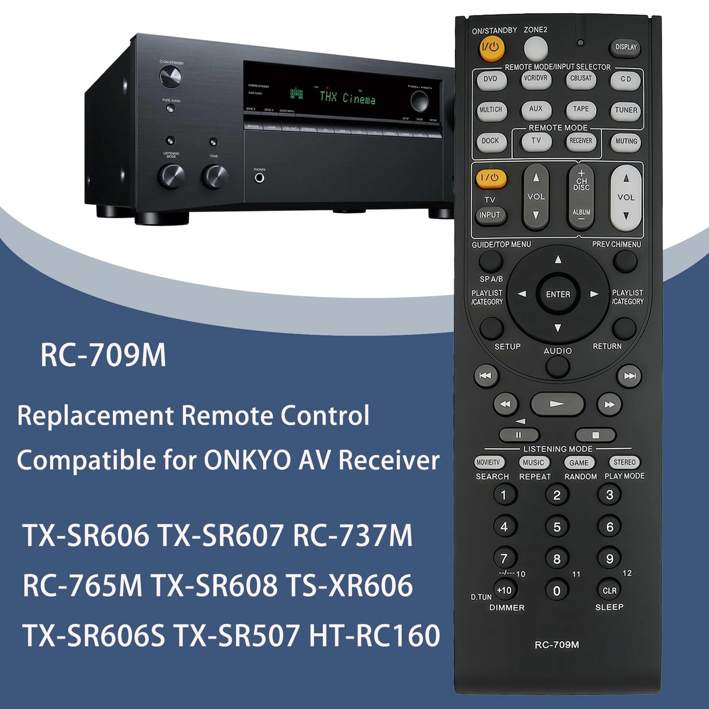 Replacement Remote Control RC-709M Compatible for ONKYO TX-SR606 TX-SR607 RC-737M RC-765M TX-SR608 TS-XR606 TX-SR606S TX-SR507 HT-RC160 AV Receiver