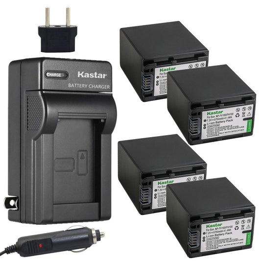 Kastar NP-FV100 Battery (4X) + Charger for DCR-SR21, SR68, SR88, SX15, SX21, SX44, SX45, SX63, SX65, SX83, SX85, HDR-CX110, CX115, CX130, CX150