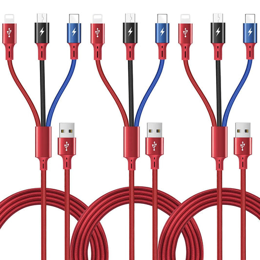 3Pack 5Ft Multiple Charging Cable 3-in-1 Braided Multi Charger Cord Fast Charging Cable Multi Charger Cable for Type C/Micro USB Port for Cell