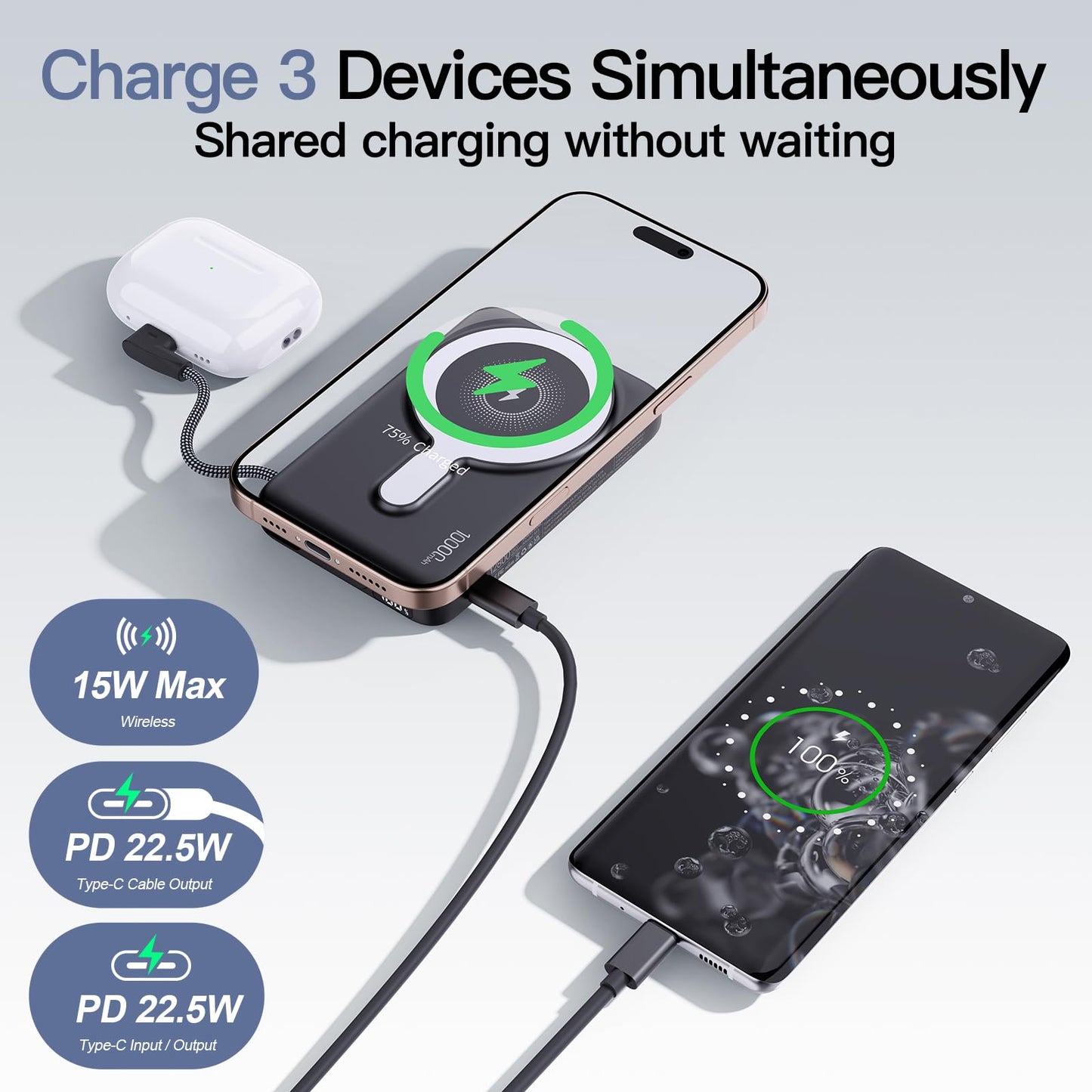 2026 Updated M3 Ultra Slim 0.4'' Wireless Power Bank, 10000mAh Magnetic Portable Charger with Built in Cable and Strap, LED Battery Pack Travel