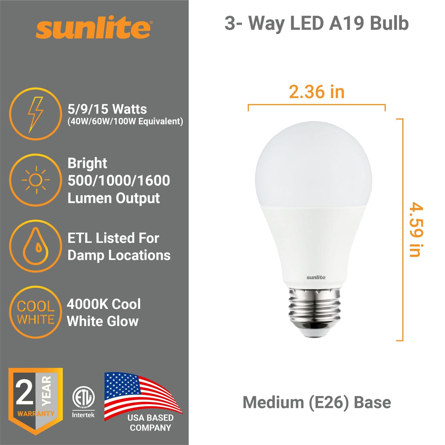 Sunlite 70324 3-Way LED A19 Light Bulb, 5/9/15 Watts (40W 60W 100W Equivalent), 500-1000-1600 Lumens, Medium E26 Base, Omni-Directional, ETL Listed