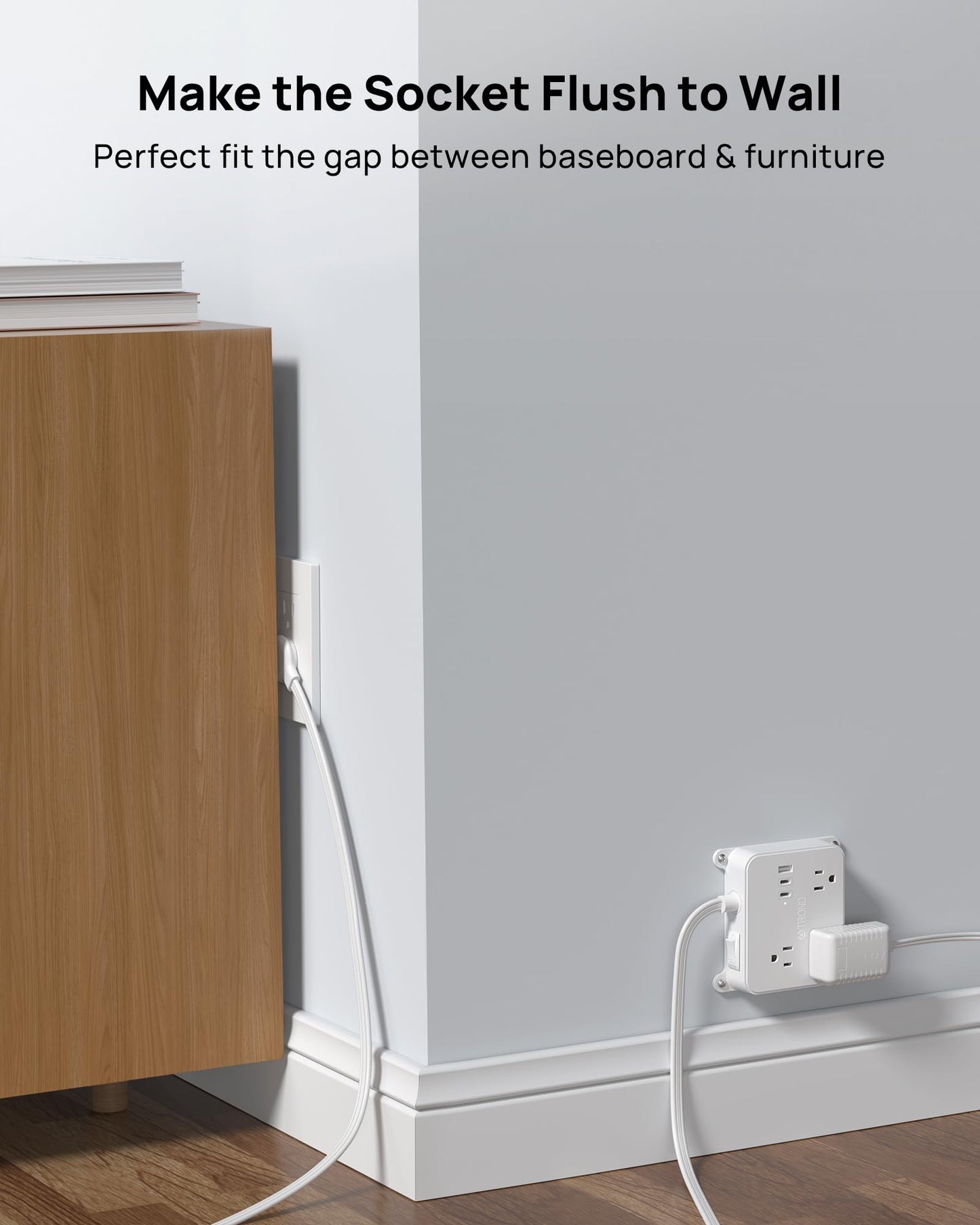 TROND Flat Plug Power Strip, 5FT Ultra Thin Flat Extension Cord with 3 AC Outlets, Wall Mount USB Plug Behind TV, Wall Outlet to Hide in Drawer