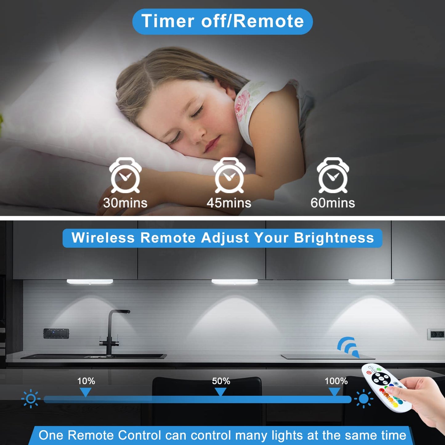 Under Cabinet Lighting Wireless with Remote, 48 LED Rechargeable Under Cabinet Lights, Kitchen Counter Lights Dimmable LED Closet Light RGB Bar