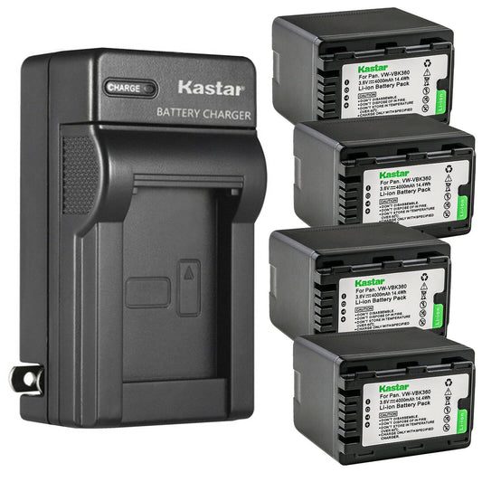 Kastar 4-Pack Battery and AC Wall Charger Replacement for Panasonic SDR-S70P, SDR-S70PC, SDR-S70R, SDR-S70S Camera, Panasonic VW-VBK180, VW-VBK180PPK