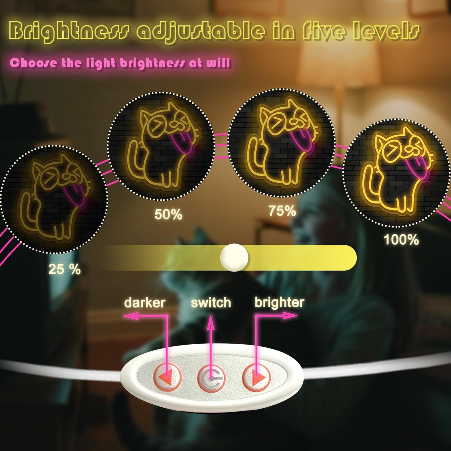 MelbDfei Cute Dimmable Neon Light Cat Wall Light with Heart Paw for Bedroom, Wall Decor, Gifts for Girls, Kids Room, or Cat Lovers (Tongue Out Cat)