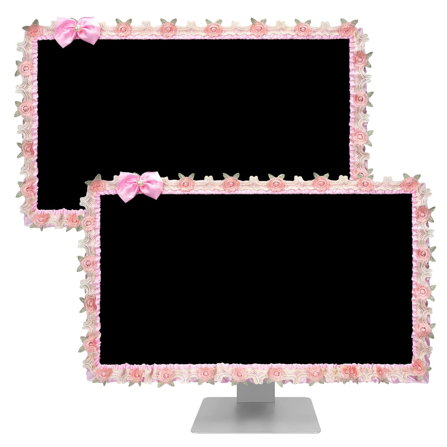 ReignSword 2 Pcs 23''-26'' Cute Computer Monitor Cover with Bow Tie, Lovely Computer Accessories with Lace Design, Monitor Dust Cover Protector (Pink)