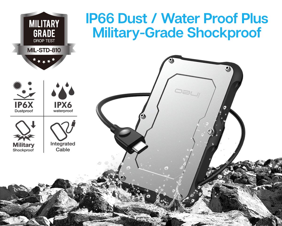 ineo 2.5" USB 3.1 Gen 2 Type-C Rugged Waterproof & Shockproof External Hard Drive Enclosure for 9.5mm & 7mm SATA HDD/SSD [C2580]