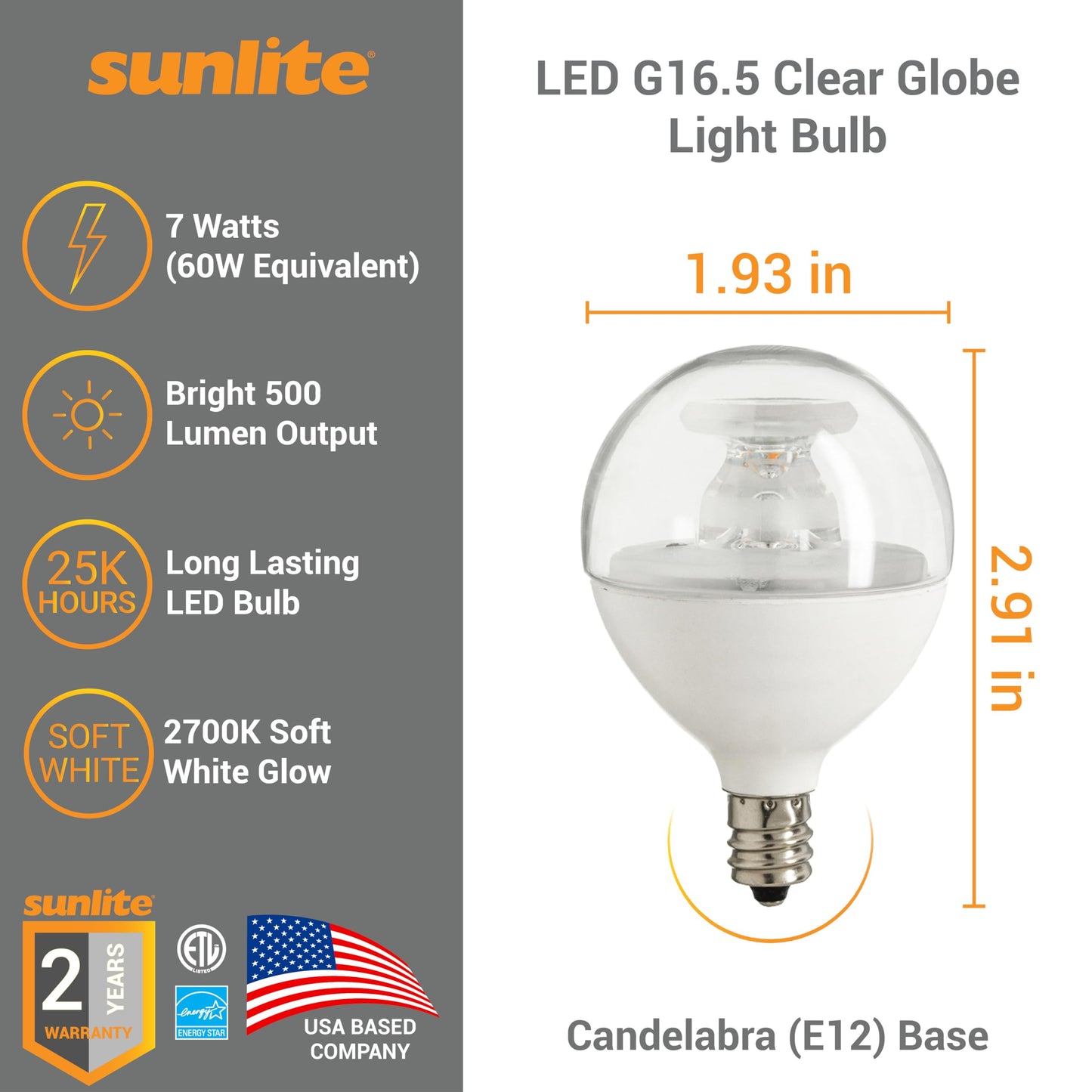 Sunlite G16.5 Light Bulb LED, 7 Watts (60W Equiv.), 500 Lumens, Dimmable, Type G Globe Shape E12 Candelabra Base, Short Bulbs, Vanity Mirror Bulbs