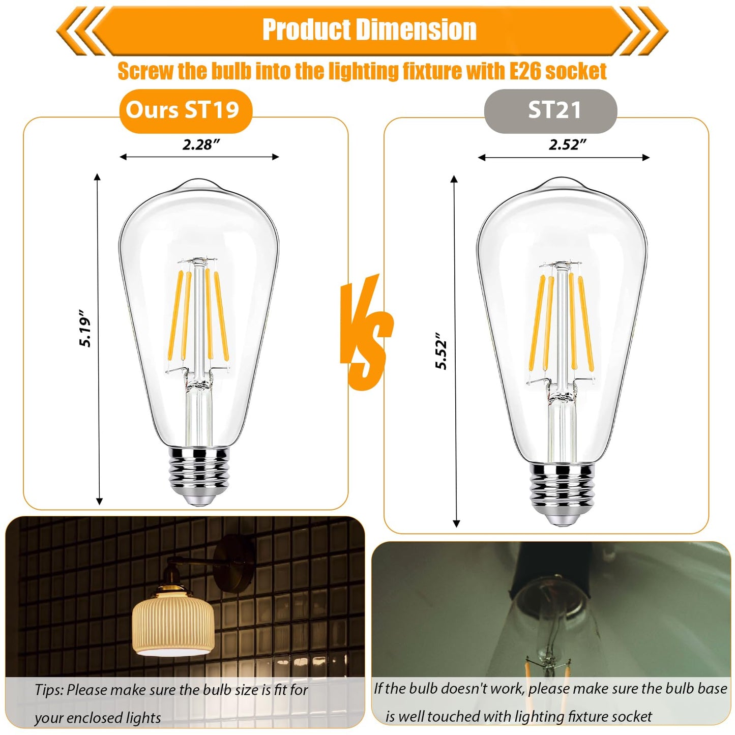 winsaLED 12 Pack Dimmable LED Light Bulbs 40 Watt Equivalent, ST19 Vintage E26 Edison Bulbs, 2700K Soft Warm White 4W LED Bulbs, Antique Filament