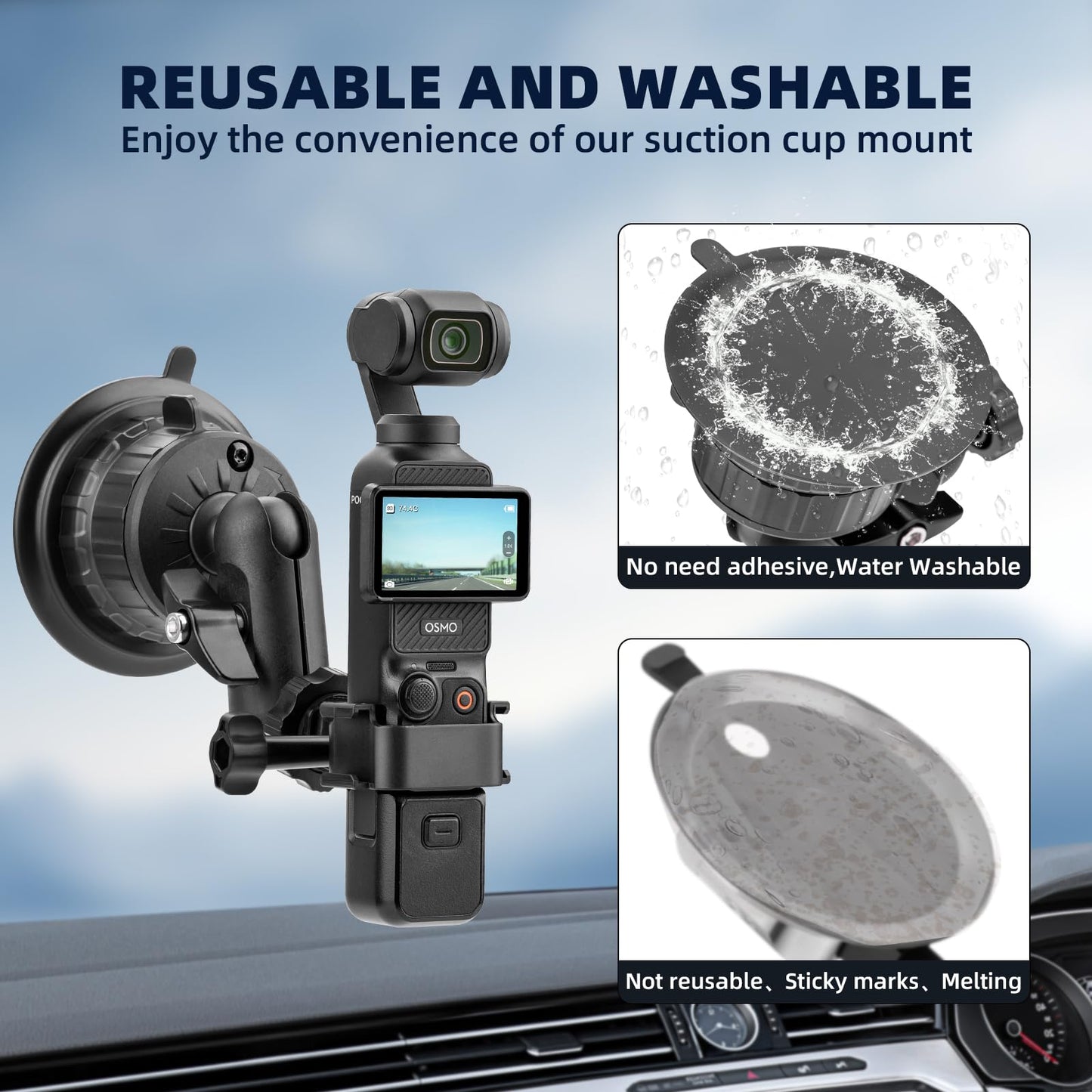 BRDRC Pocket 3 Suction Cup Car Mount (Upgraded), Windshield Window Holder Kit with Cold Shoe Expansion Adapter for Go Pro Max Hero Pocket 2 Insta 360