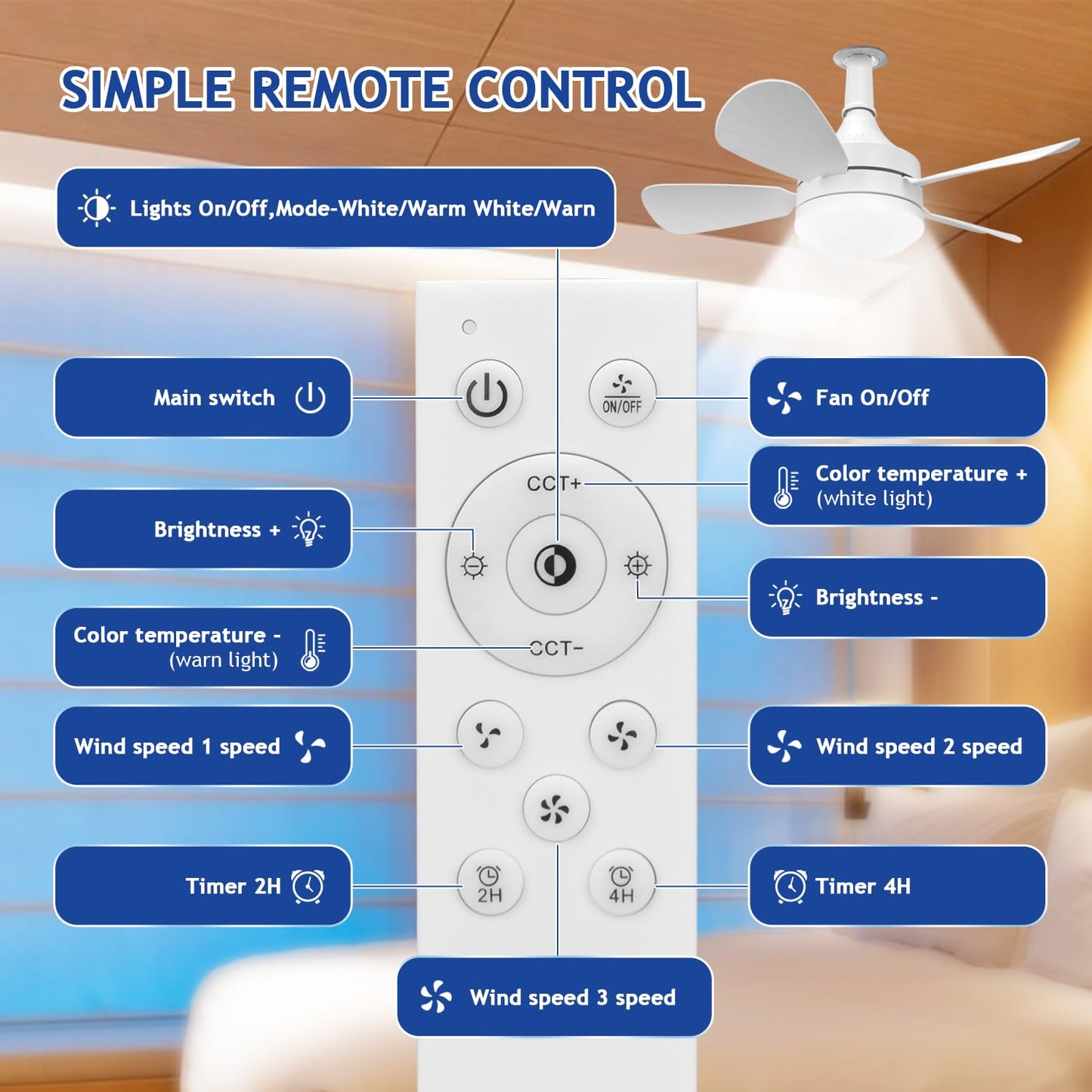 Jolimark 2000 Lumen Socket Ceiling Fan Light with Remote, E26 Socket, 3 Speed Noiseless Dimmable Fan, Adjustable CCT, 2/4H Timer, for Kitchen Bathroom