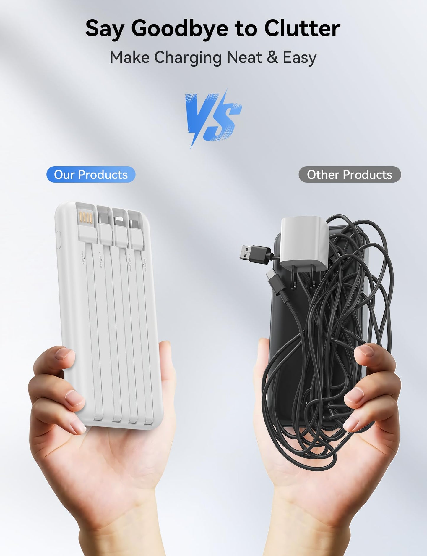 Portable Charger, 10000mAh 22.5W Fast Charging Power Bank with 4 Built-in Cables, Travel Essentials Battery Pack with LED Display, 6 Outputs Charging