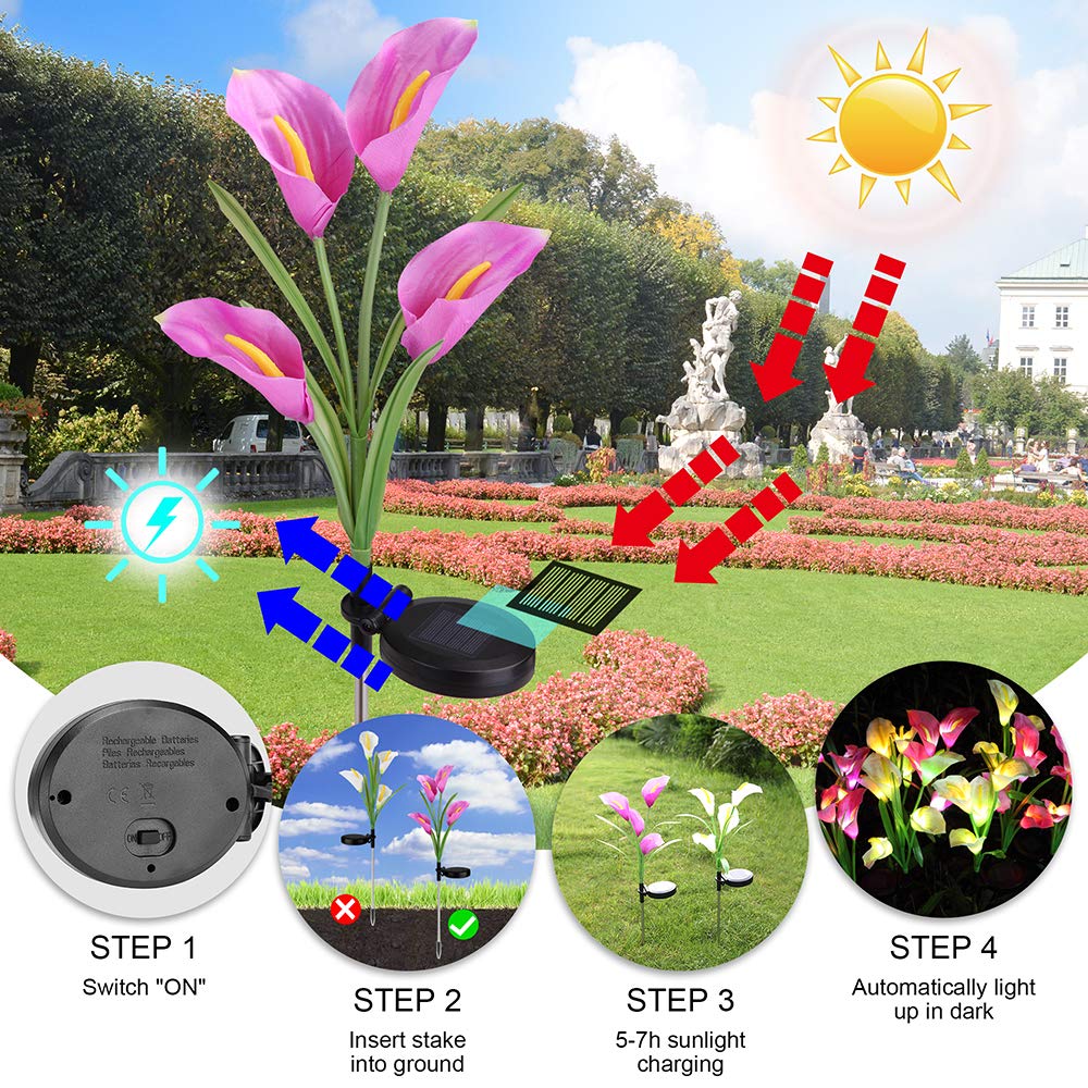 Aloudy Solar Garden Stake Lights: 3 Pack Outdoor Waterproof Calla Lily Flowers, 7 Color Changing LEDs for Garden, Patio, Backyard (Purple & White)