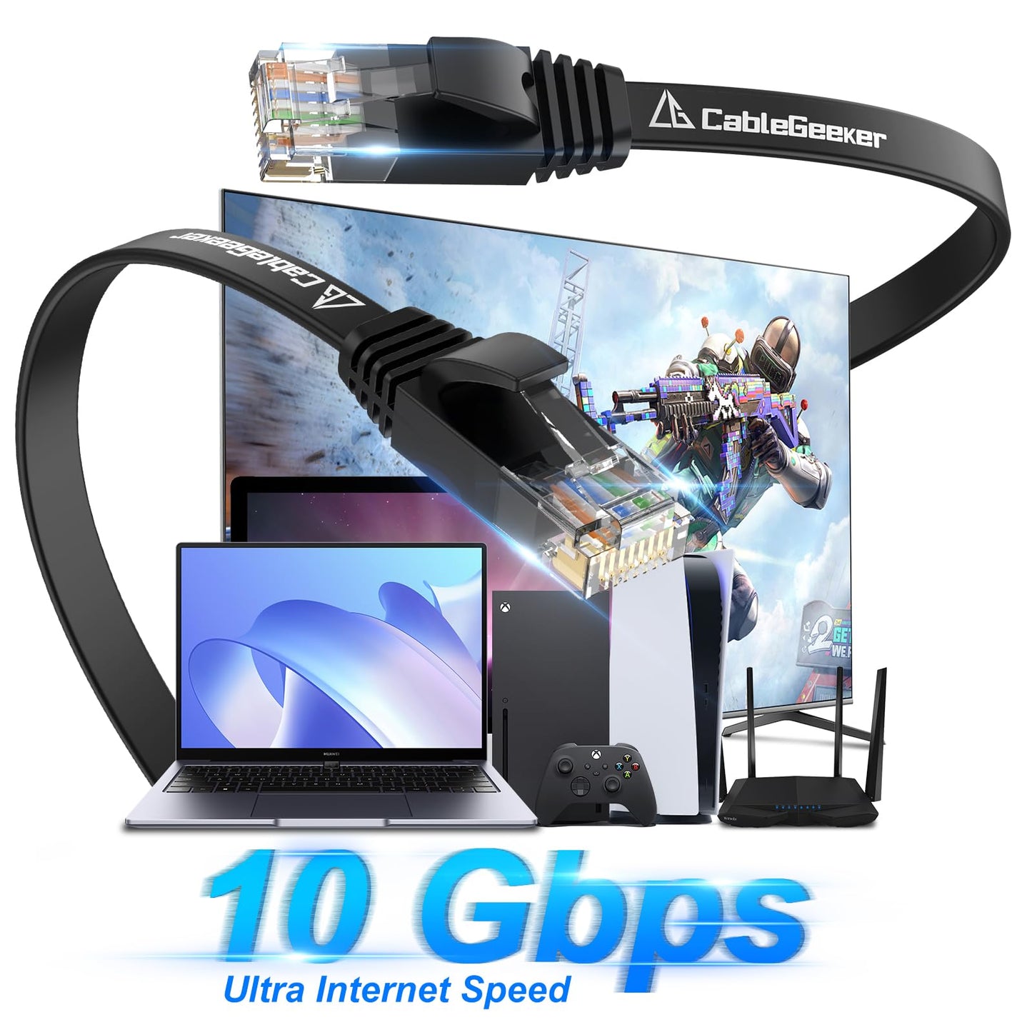 Cat 6 Ethernet Cable 50 ft, Indoor&Outdoor, High Speed 10Gbps Flat Internet Network Cable, Pure Copper Ethernet Patch Cable Long, Computer LAN Cable