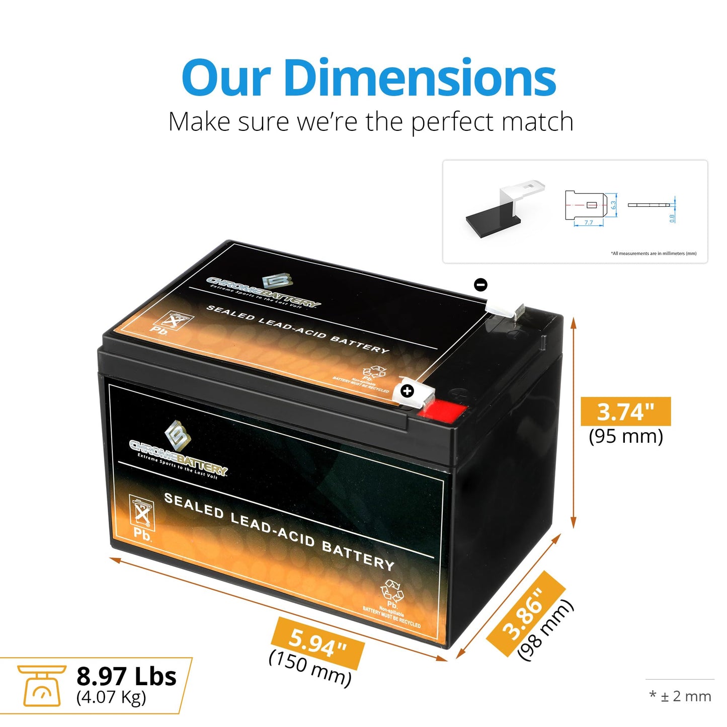CB CHROMEBATTERY 12V 15AH Maintenance-Free Battery for Alarm Systems, Scooters, Toys, Emergency Lights, and More - Spade (F2) Terminal