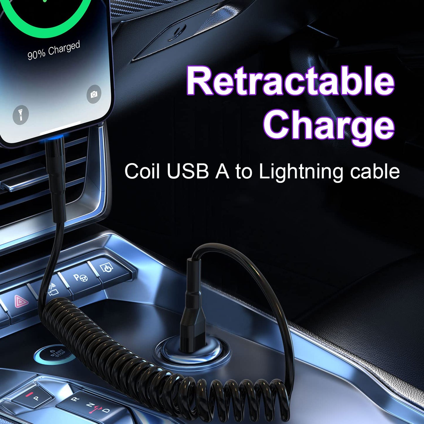 Coiled Lightning Cable Apple Carplay Compatible [Apple MFi Certified] Retractable iPhone Charger with Data Sync and LED, Short iPhone Charger Car…