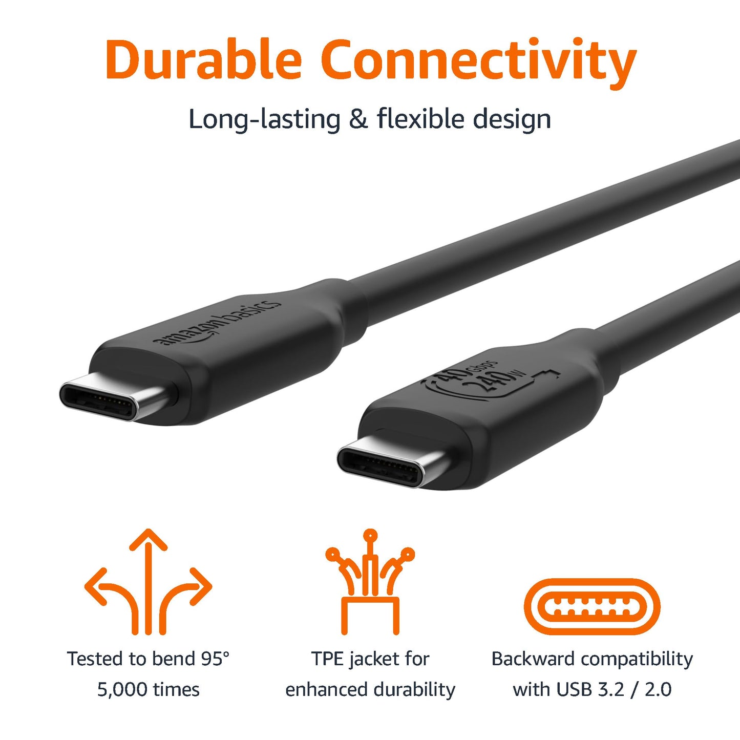 Amazon Basics USB-C to USB-C 4 Fast Charger Cable, 40 Gbps, 8K Video, 240W, USB-IF Cert, Thunderbolt 4/3 Compatible, for Apple iPhone 16/15, iPad