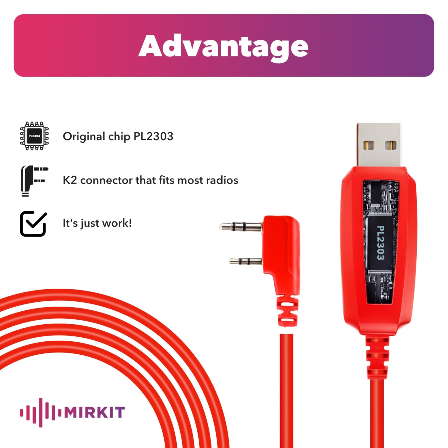 BAOFENG Programming Cable UV-5R/5RA/5R Plus/5RE, UV3R Plus, BF-888S, 5R EX, 5RX3, GA-2S, UV-82 (39-inch Mirkit Red, This one Works!)