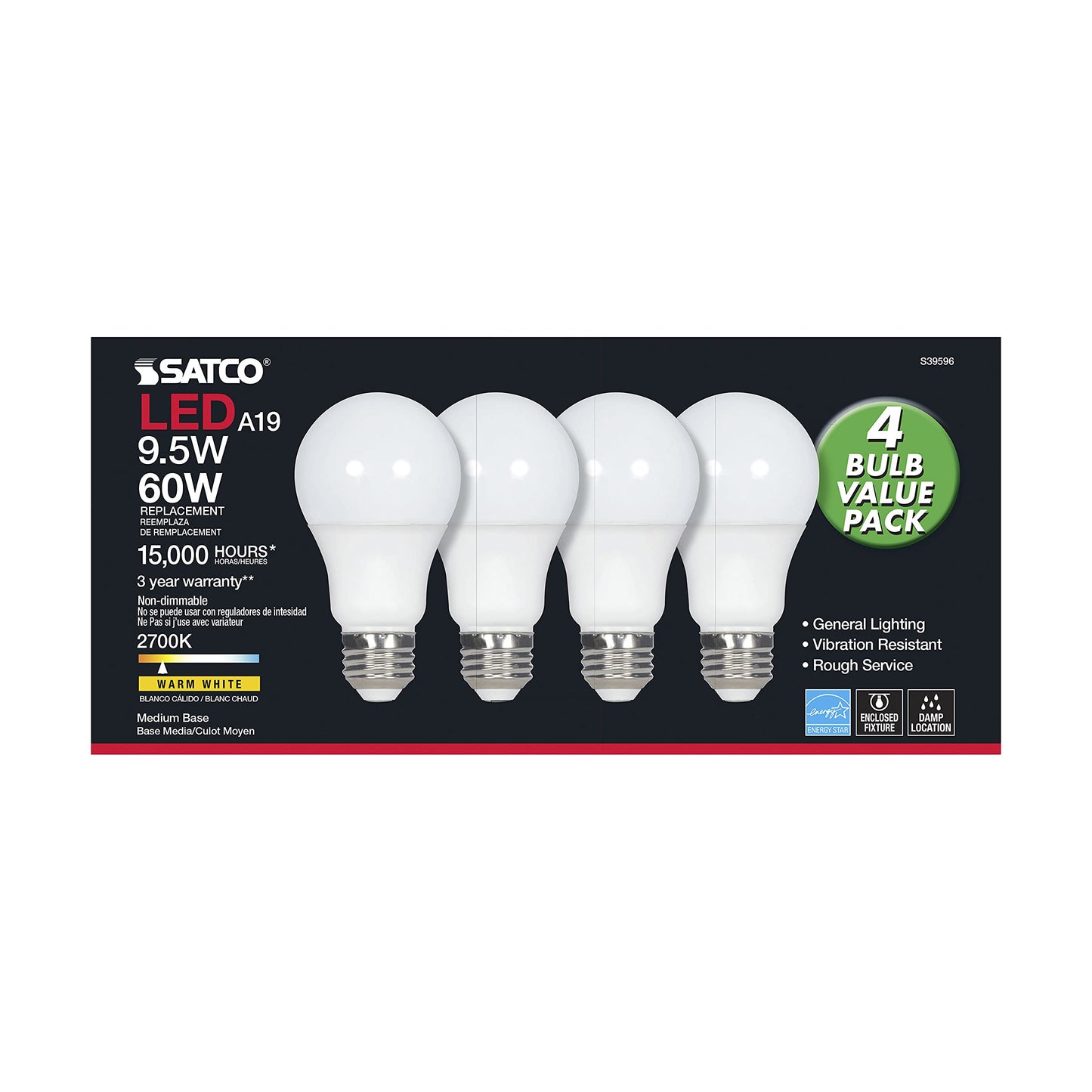 Satco 60W Equivalent Warm White A19 Medium LED Light Bulb (4-Pack) - 1 Each