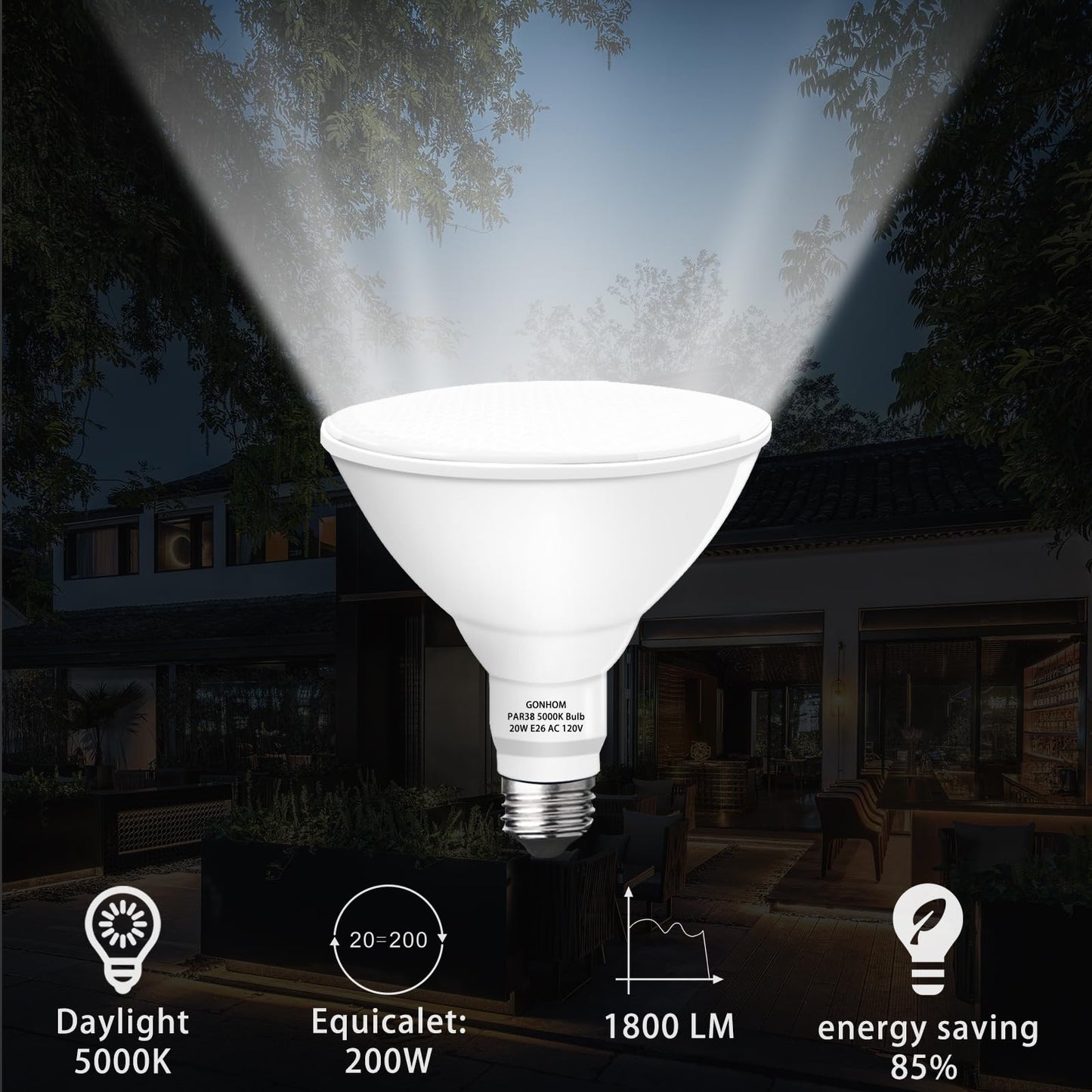 Gonhom Par38 led Flood Lights Outdoor Light Bulb,Dimmable 1800LM,20W Replace up to 200W,Outdoor Flood Light Bulbs for Backyard,Garage,Porch,Garden,2