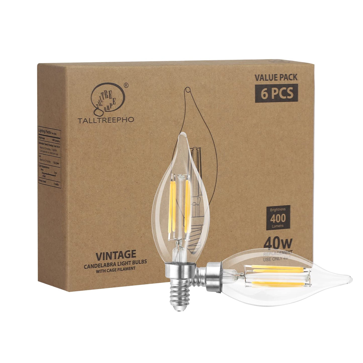Talltreepho E12 Base 4 Watt LED Chandelier Light Bulb, 400lm, 2700K Daylight Filament LED Candle Light Bulb, 6 Pack, CRI 80+, ETL Listed