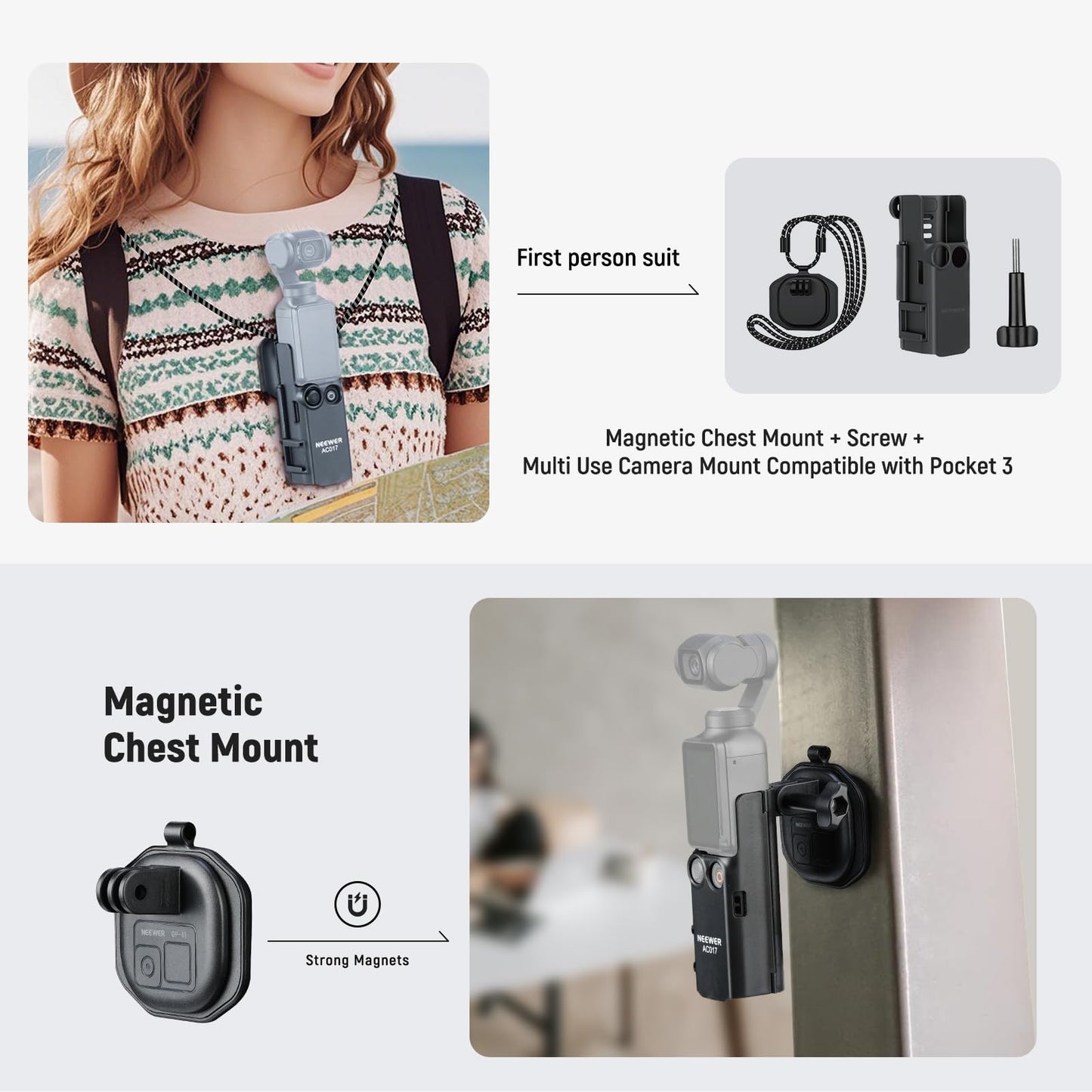 NEEWER Basics 16 in 1 Accessories Kit Compatible with DJI OSMO Pocket 3, Mini Tripod Selfie Stick Chest Strap Magnetic Neck Mount Extension Adapter