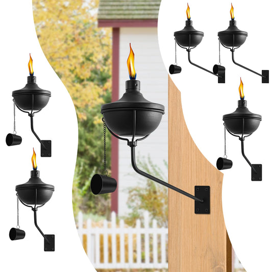 FAN-Torches Wall Mounted Citronella Torches Set of 6, 24 oz Garden Torches for Outside, Refillable Flame Light Torch, Outdoor Metal Torch for Yard