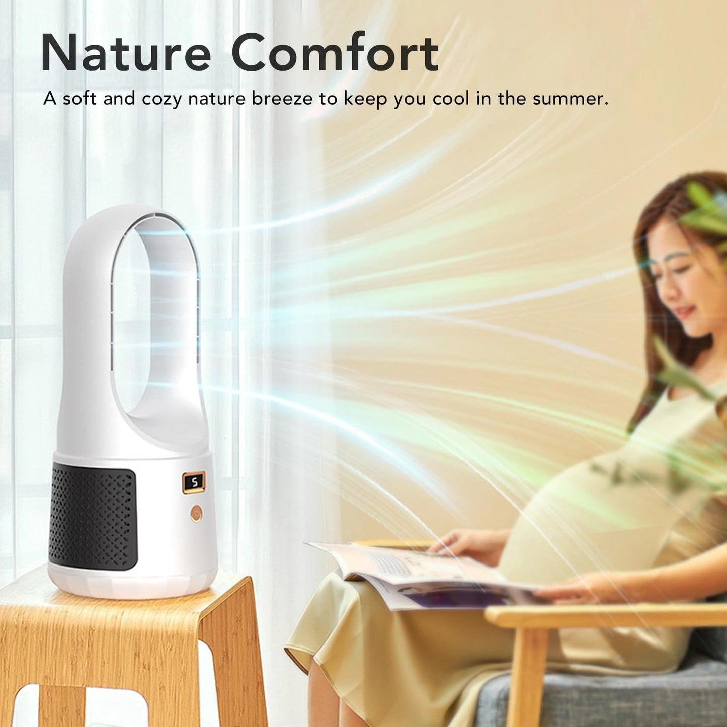 Mbeysaq USB Desk Fan 6 Speeds Wind Quiet Portable Bladeless Cooling Fan with Power Display for Home Bedroom Office (White)