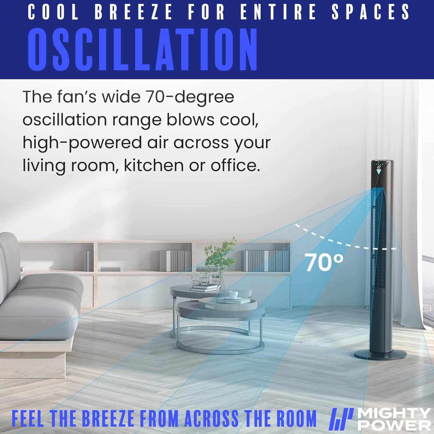 Mighty Power Tower Fan 38 Inch, Ultra-Quiet Oscillating Bladeless Fan with Remote, 3 Speeds, 4 Mode Types, LED Display, 12H Timer, Black, Floor
