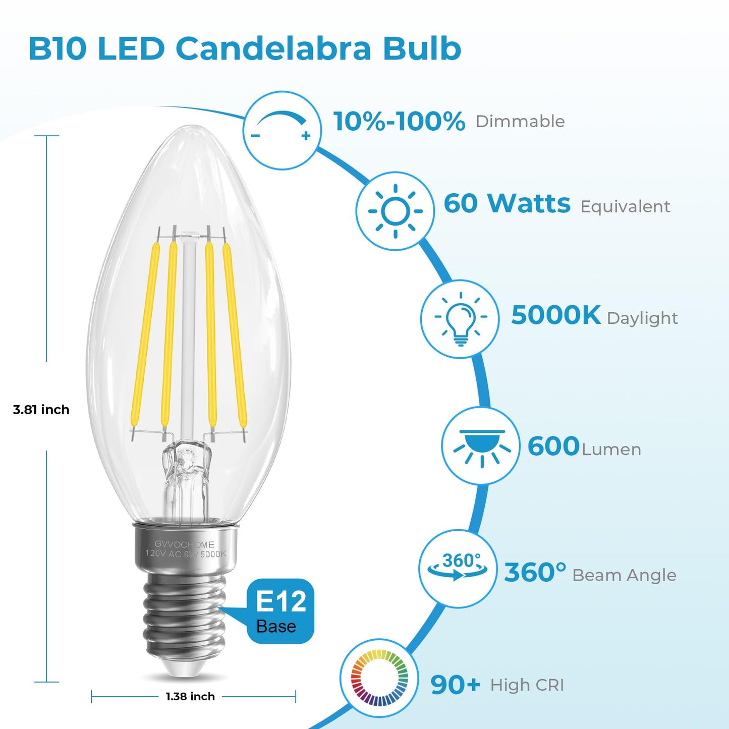E12 Light bulbs 60 watt Equivalent, Dimmable LED Candelabra Bulb, 12 Pack