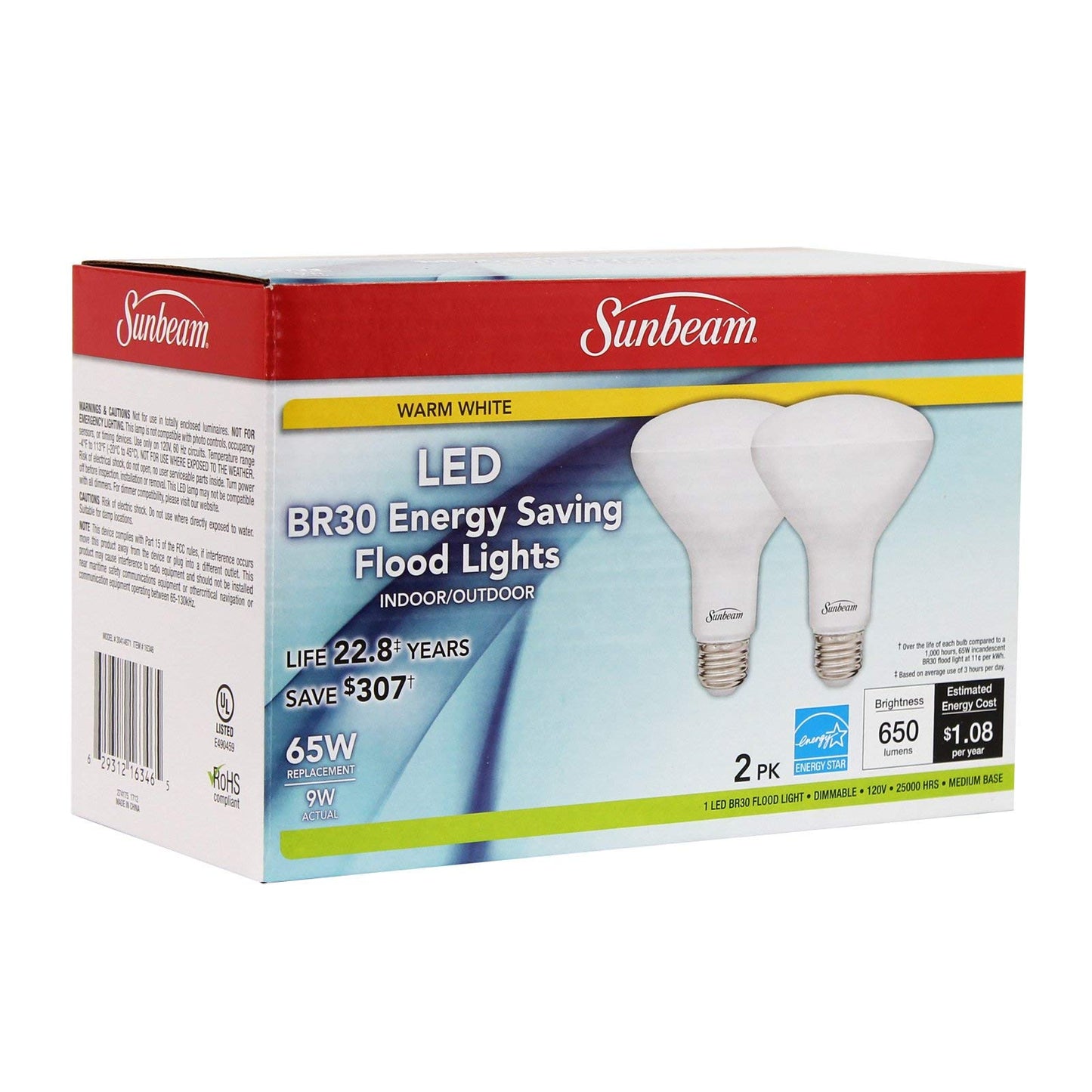 Sunbeam BR30 65W LED Indoor/Outdoor Dimmable Flood Lights 2 PACK, Energy Star, 650 Lumens, 3000K Warm White, use 9 Watt, 65 Replacement/Equivalent