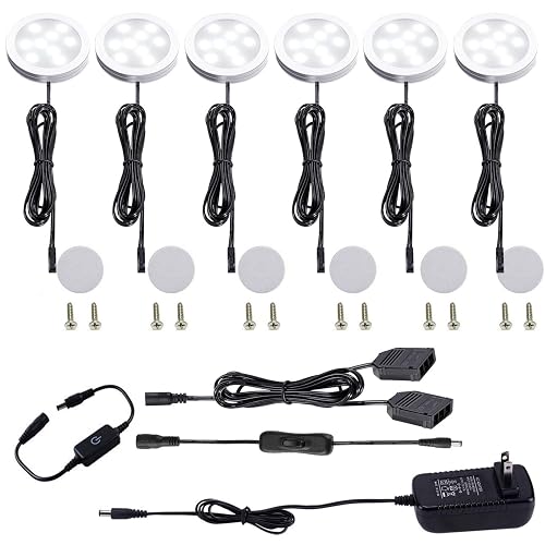 AIBOO Under Cabinet LED Puck Lights Kit with Touching Switch Dimmable for Kitchen Cupboard Closet Lighting (6 Lights,Daylight White)