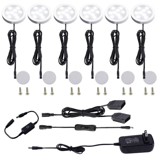 AIBOO Under Cabinet LED Puck Lights Kit with Touching Switch Dimmable for Kitchen Cupboard Closet Lighting (6 Lights,Daylight White)