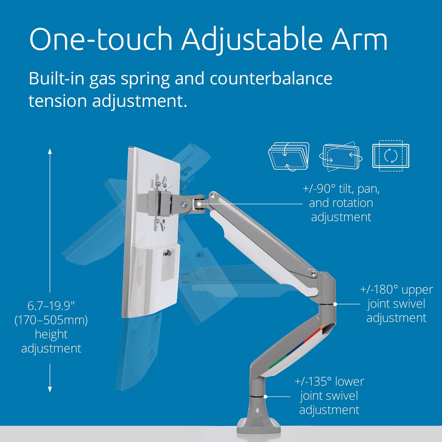 Kensington SmartFit One-Touch Monitor Arm - Height Adjustable Gas Spring for Single Monitor, 13?-32?, 360° Rotation, ±90° Tilt, Cable Management