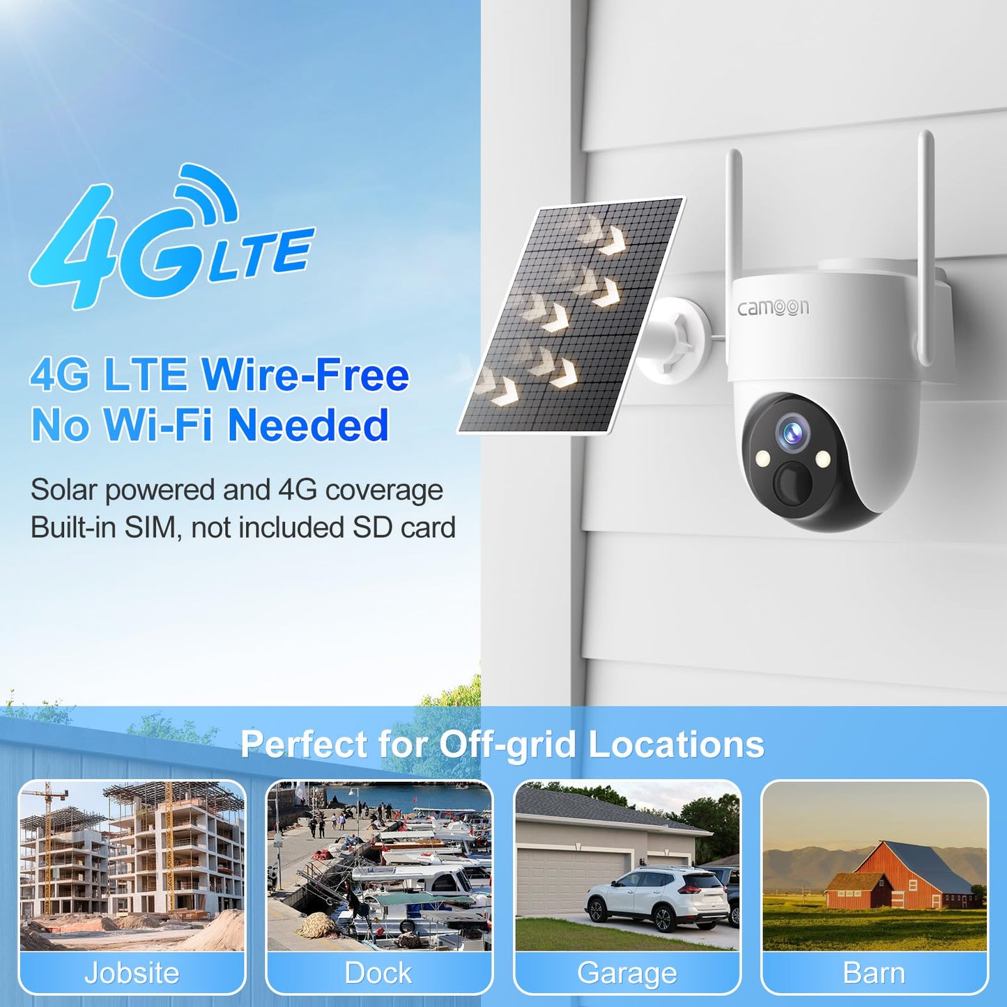 4G LTE Cellular Solar Security Camera Wireless Outdoor, No WiFi Security Camera, 360° View, 2K Night Vision, PIR Detection, 2 Way Audio, Motion