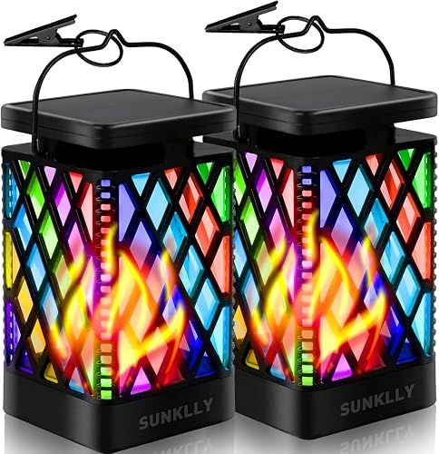Solar Lanterns-Sunklly Hanging Solar Lights Color Changing & Fixed 9 Modes Waterproof Hanging Lanterns Outdoor Lights Flickering Flame Camping