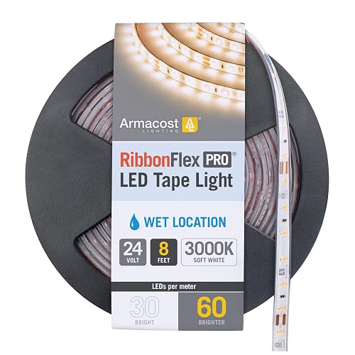 Armacost Lighting RibbonFlex Pro Soft White (3000K), 60LEDs/M, 2.5M, 24V Outdoor Tape Light, 8.2 ft (145410)